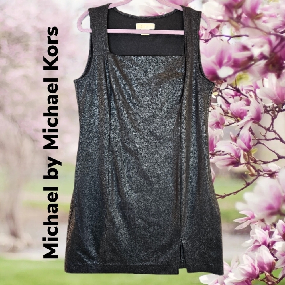 Michael By Michael Kors Black Faux Leather Look Texture Look Mini Dress Sz 14